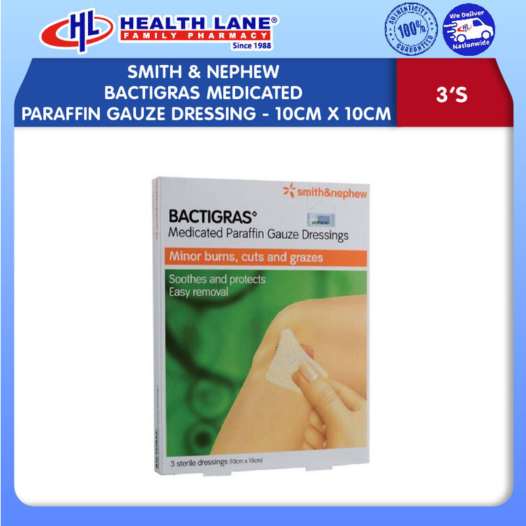 SMITH & NEPHEW BACTIGRAS ANTISEPTIC PARAFFIN DRESSING 10CMx10CM (3'S)